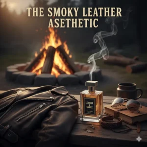 A stylized illustration of a leather jacket and a campfire representing the rugged aesthetic of smoky leather cologne.