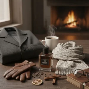 A flat-lay illustration featuring a wool coat, leather gloves, and a bottle of black pepper cologne for cold weather.