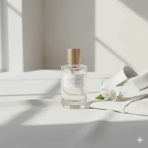 A flat-lay illustration of a simple perfume bottle next to a white linen shirt, symbolizing "clean" scent.