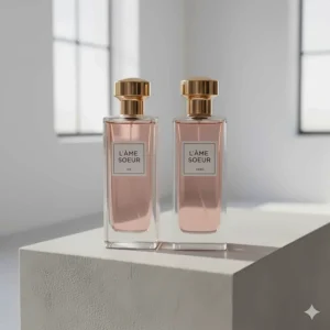 Clean, modern aesthetic of matching perfume for couples with sleek monochrome packaging.