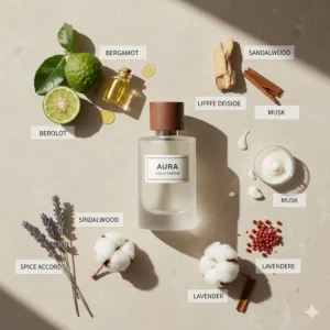 Flat lay illustration showing minimalist unisex perfume notes like sandalwood, bergamot, and musk.