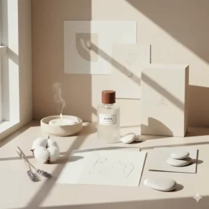 A minimalist aesthetic mood board representing the airy and clean feeling of a unisex fragrance.