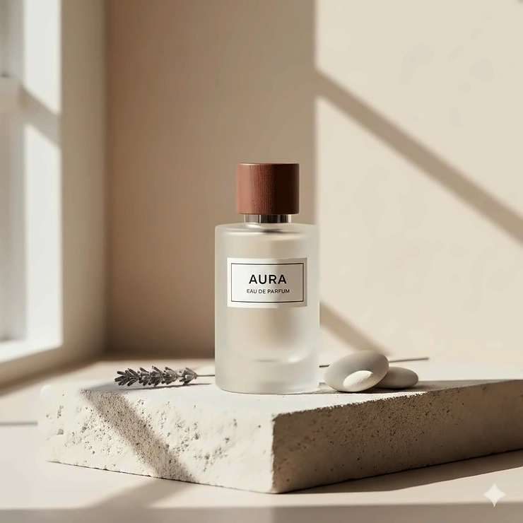 A minimalist unisex perfume bottle with clean lines and black typography on a neutral stone background.