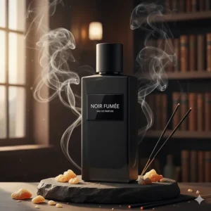 An artistic illustration of a minimalist black glass bottle representing the dark aesthetic of incense fragrances.