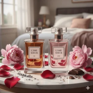 Close-up of his and hers floral fragrances surrounded by fresh rose petals and peonies.