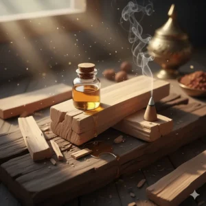 Raw sandalwood blocks and oil, a common woody base note in suede colognes.