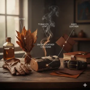 Illustration showing the fragrance notes of smoky leather cologne including birch tar, tobacco, and leather.