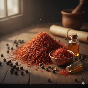 Saffron strands and black peppercorns illustrating the spicy heart of a suede fragrance.