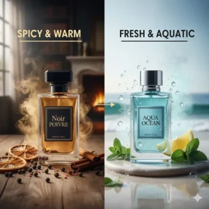 A comparison graphic showing the difference between spicy black pepper scents and fresh aquatic men's colognes.