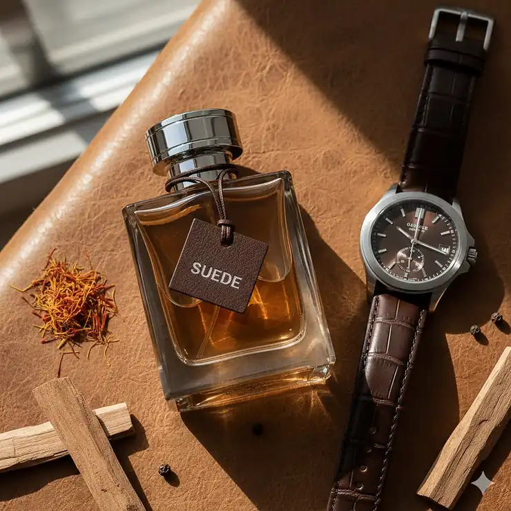 A luxury bottle of suede cologne for men placed on a textured leather surface next to a designer watch.