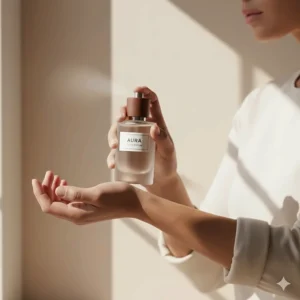 Minimalist illustration of a person applying a gender-neutral scent to their wrist.