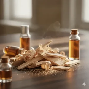 Close-up of smooth sandalwood chips representing the creamy base of a unisex woody perfume.