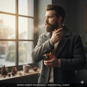 A man wearing a wool coat applying amber cologne, illustrating its use as a cold-weather scent.