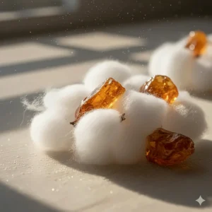 Soft white clouds and amber resin representing the clean, musky finish of suede scents.