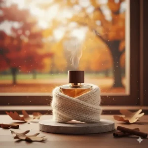 A warm scarf and a bottle of unisex woody perfume against a blurred autumn leaf background.