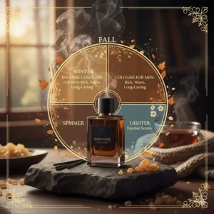 A graphic showing why incense cologne for men is ideal for cold weather seasons like fall and winter.