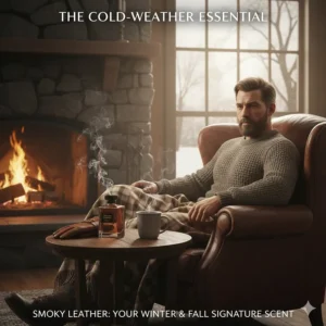 An illustration depicting a cozy winter setting, highlighting smoky leather as a top cold-weather scent for men.