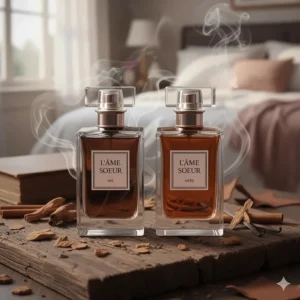 Matching perfume for couples with deep woody notes, displayed on a rustic dark wood background.