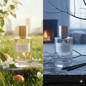 A split illustration showing the same unisex clean perfume bottle in both spring and winter settings.