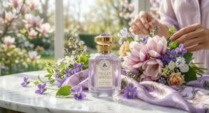 Soft-focus lifestyle shot of a purple-tinted perfume bottle next to a silk scarf and a bouquet of spring flowers.
