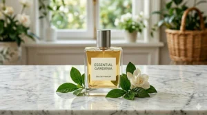 A stylish but minimalist perfume bottle illustration highlighting the best value gardenia perfume.