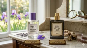 A side-by-side view of an affordable iris fragrance and a luxury niche iris perfume.
