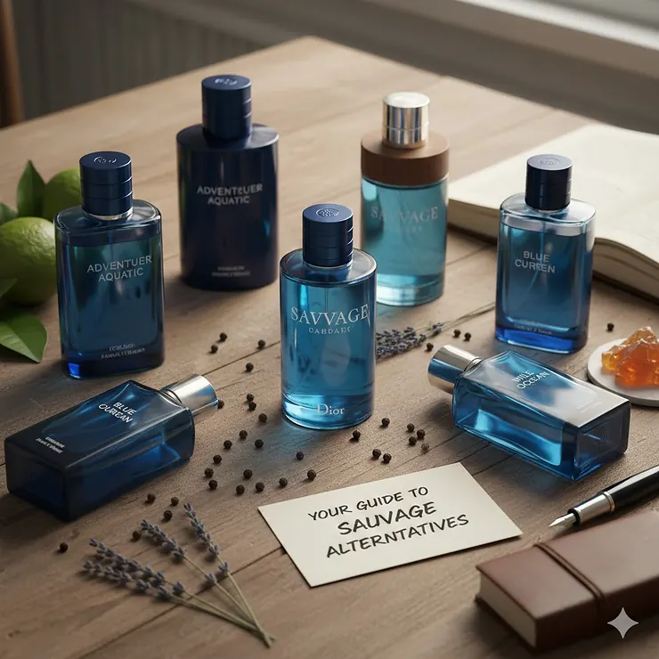 A professional flat lay of various designer and clone cologne bottles alongside a Dior Sauvage bottle. dior sauvage alternative
