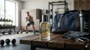 A luxury bottle of fresh gym cologne for men sitting on a wooden bench next to a leather gym bag. gym cologne men