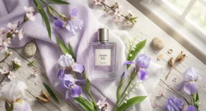 A flat-lay illustration of iris perfume surrounded by spring blossoms and light fabrics.
