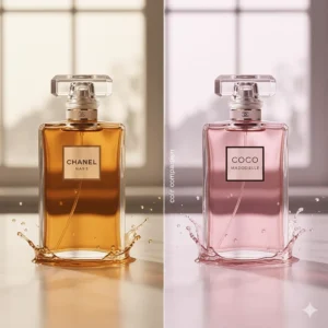 Close up of the golden liquid of Chanel No. 5 next to the soft pink hue of Coco Mademoiselle.