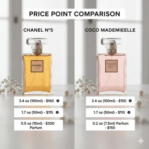 A pricing guide for different bottle sizes of Chanel No. 5 and Coco Mademoiselle.