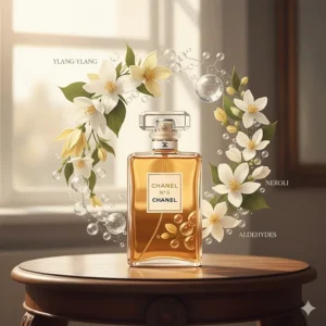 An infographic showing the top notes of Chanel No. 5 including aldehydes, ylang-ylang, and neroli.