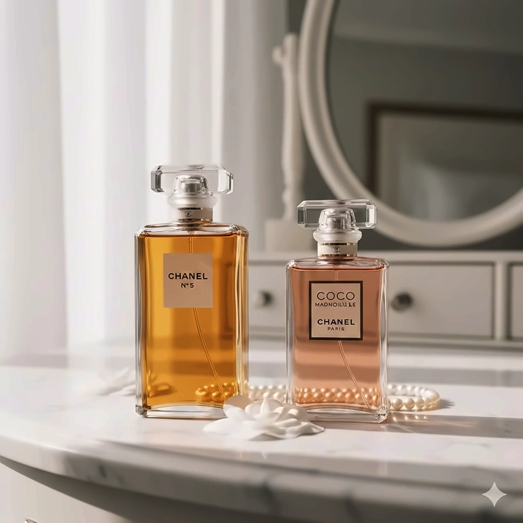 A side-by-side comparison of Chanel No. 5 and Coco Mademoiselle perfume bottles on a marble vanity. chanel no 5 vs coco mademoiselle