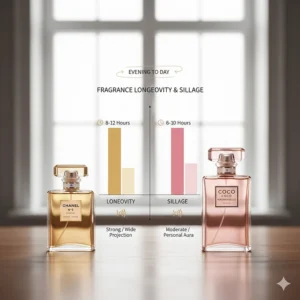A bar graph comparing the wear time and scent projection of Chanel No. 5 versus Coco Mademoiselle.