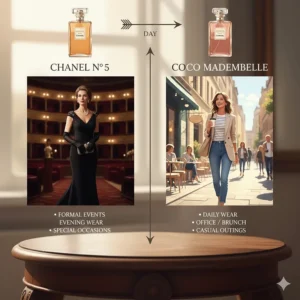 A chart comparing when to wear Chanel No. 5 for formal evenings versus Coco Mademoiselle for daily wear.