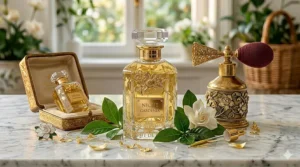 A vintage-style perfume atomizer with gardenias, representing a timeless and classic gardenia scent.