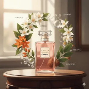 A visual breakdown of Coco Mademoiselle notes featuring orange, jasmine, and patchouli.