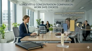 Comparison chart of fragrance concentrations to help users choose a long-lasting yet office-appropriate perfume.