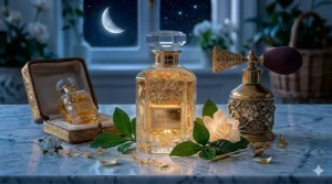 A dark, moody illustration of gardenias under moonlight for a sensual evening gardenia perfume.