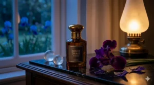 A dark, moody aesthetic shot of an intense iris perfume bottle for evening wear.