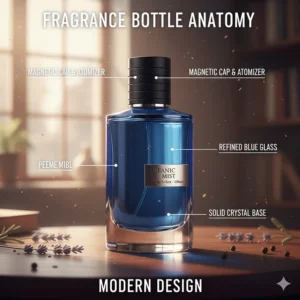 An artistic rendering of a sleek blue fragrance bottle representing a modern Dior Sauvage alternative.