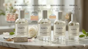 A chart showing the percentage of essential oils in different fragrance types to help users find the right perfume for sensitive skin.