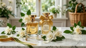 An artistic depiction of gardenia petals with water droplets to represent a fresh, green gardenia perfume profile.