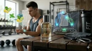 A photorealistic infographic explaining 'sillage' for 'ACTIVE RUSH' gym cologne for men, using a technical diagram with a freshness indicator scale.