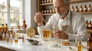 A master perfumer or "nose" blending scents in a laboratory, showcasing the craftsmanship behind luxury fragrance brands.