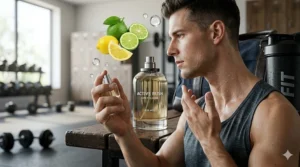 A photorealistic illustration showing a man applying 'ACTIVE RUSH' gym cologne to his neck pulse point in a detailed gym locker room.
