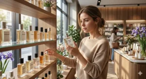 A person browsing a perfume shelf looking for the best value affordable iris scent.