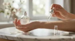 Step-by-step illustration showing how to perform a patch test on the inner elbow to check for reactions to perfume for sensitive skin.