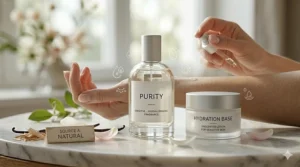 A graphic demonstrating how to apply unscented hypoallergenic lotion before spraying perfume to create a protective buffer for the skin.