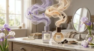A creative graphic showing how to layer an affordable iris scent with musk and woody base notes.